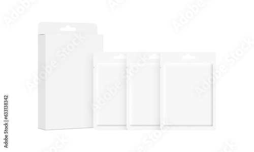 Box With Hang Tab With Cosmetic Sachets, Face Mask Packaging, Isolated on White Background. Vector Illustration