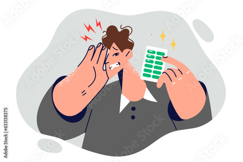 Man feels headache and shows blister pack of medicine to treat migraine or get rid of dizziness