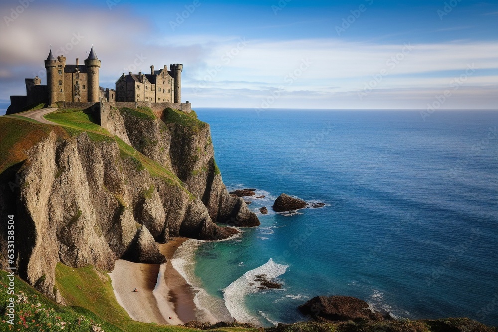 wallpaper, panoramic of the coastline with a medieval castle, generative ai