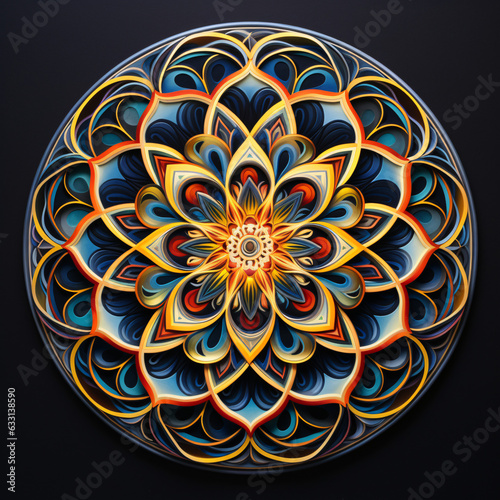 Infinite Horizons: Spiraling Mandalic Odyssey. Symmetry, Fractal Motif, Interlocking Patterns, Vibrant Palette, Dynamic Spirals. Generative AI. photo