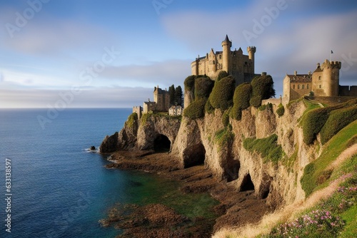 wallpaper, panoramic of the coastline with a medieval castle, generative ai