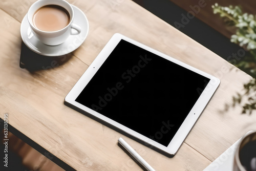 Mock up of tablet blank screen on table with coffee cup, view at the top. Generative AI.	