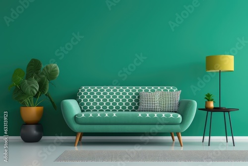 A living room with a green couch, a tall yellow lamp, and a potted plant.