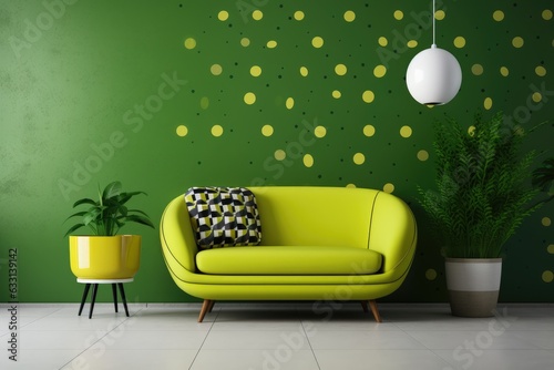 Green couch in front of green wall with potted plant.