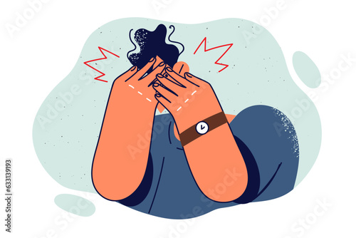 Cowardly man closes eyes in panic and needs support of psychologist to fight schizophrenia