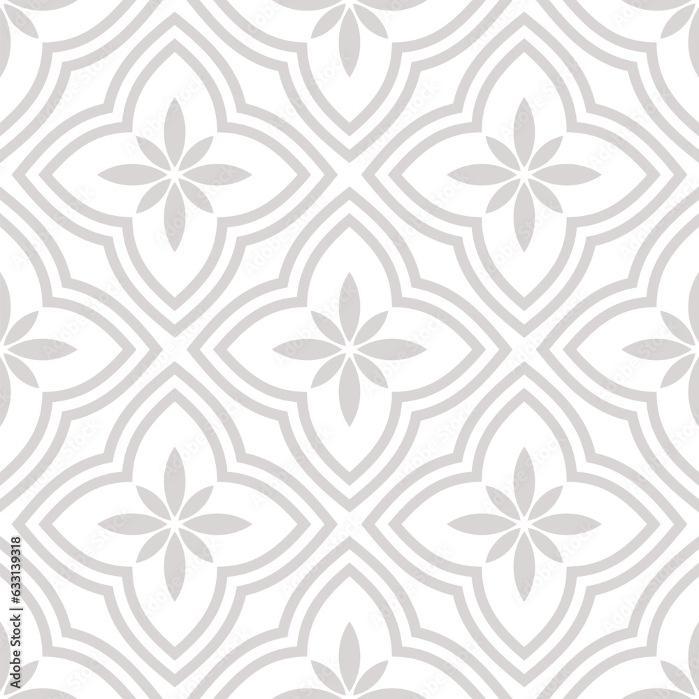 Vector floral geometric seamless pattern. Abstract gray and white geometric ornament with big flowers in oriental style. Simple elegant mosaic background. Subtle ornamental texture. Repeat geo design