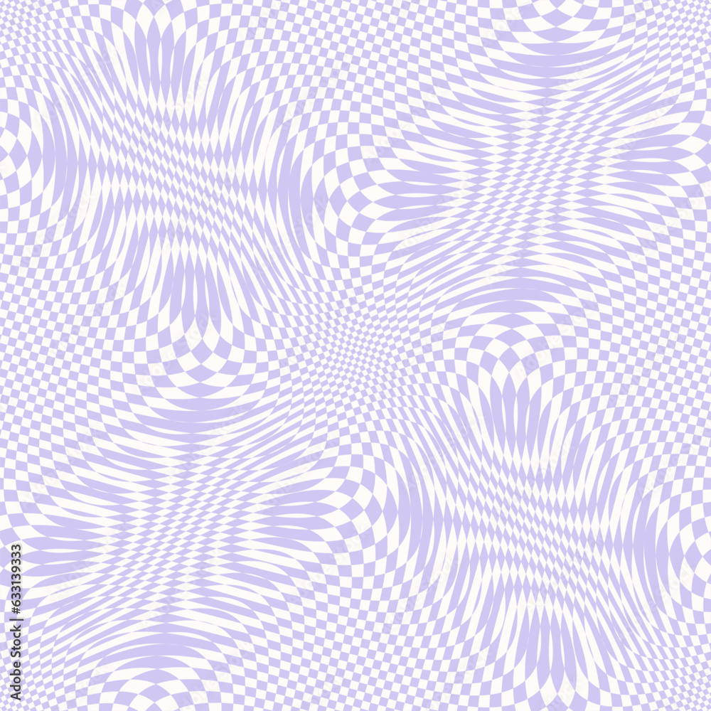 Fototapeta premium Vector seamless pattern with optical illusion effect. Simple abstract background, distorted checkered grid. Op art. Warp surface. Retro vintage 1960's - 1970's style. Lilac psychedelic endless design
