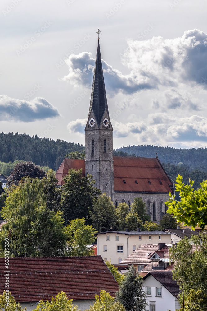 View at parish church Teisnach, a small village in the bavarian forest, germany
