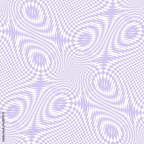 Vector seamless pattern with optical illusion effect. Simple abstract background, distorted checkered grid. Op art. Warp surface. Retro vintage 1960's - 1970's style. Lilac psychedelic endless design