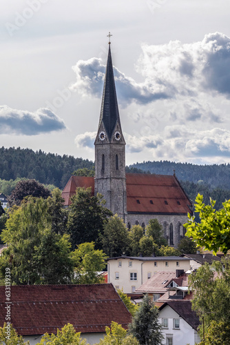 View at parish church Teisnach, a small village in the bavarian forest, germany