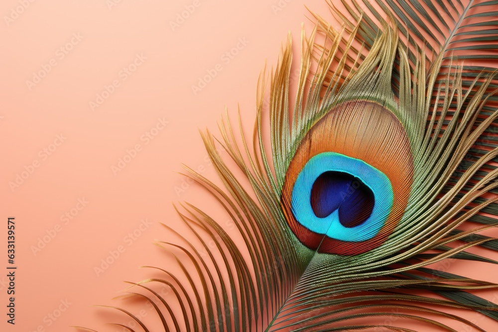 Obraz premium Peacock feather close-up on a beige background. Birth of Krishna. Generative AI