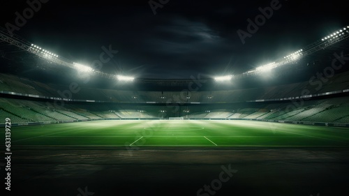 Spotlights at night and green field empty stadium created with Generative AI © mg photo