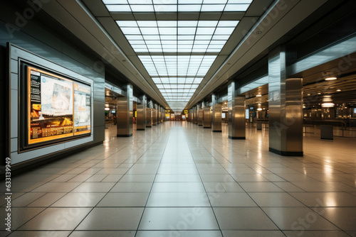 New, after repair, interior of airport terminal or train station without passengers.
