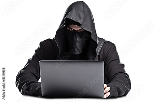 A hacker in black hoodie is working on his laptop.