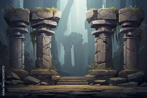 Abstract 2D greek stone pillars background environment for adventure or battle mobile game. Cartoon style of stone pillars in game art background environment. photo