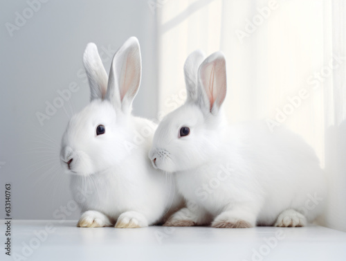 Two adorable white rabbits sitting side by side Generative Ai