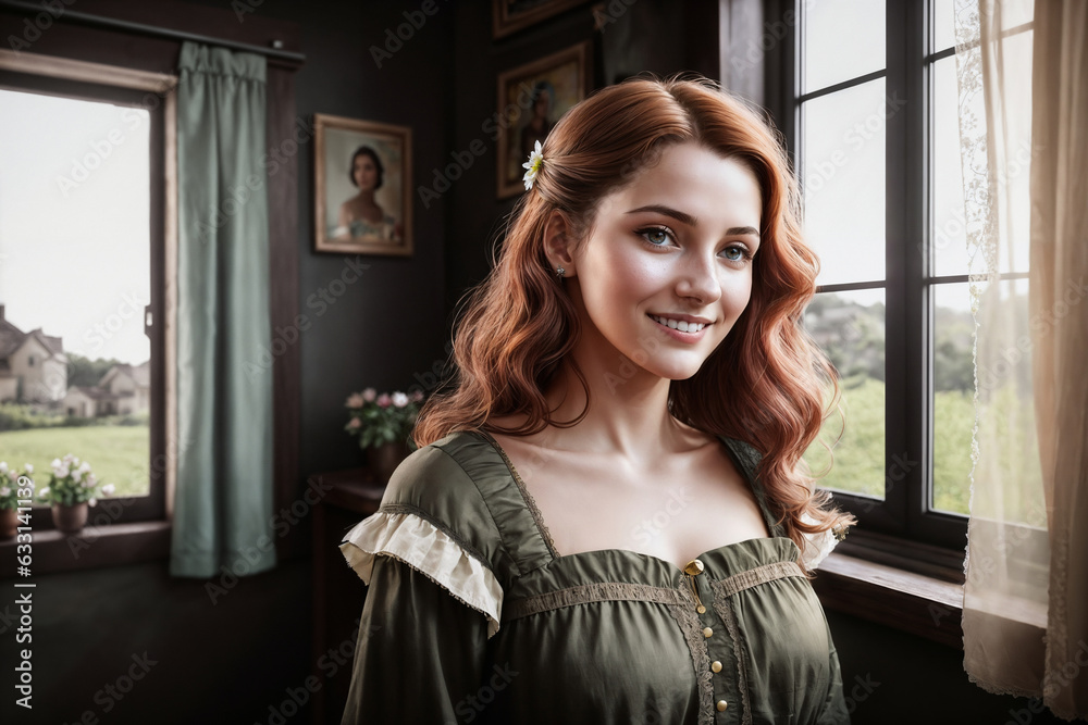 Portrait of a beautiful woman at the window in the room of a village house. Generative AI.