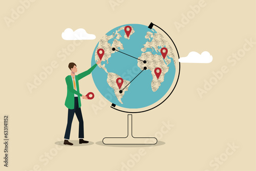 Global business expansion,franchise in new location to cover all continent,growing business worldwide concept,businessman CEO put new branch on worldwide globe