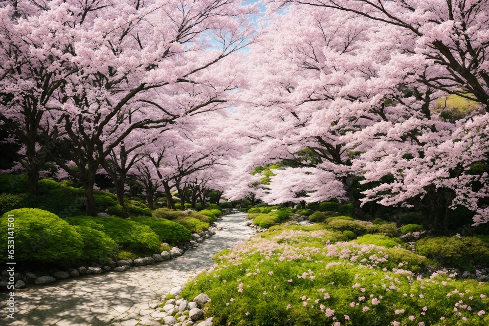 Sakura blossoms in japanese style ornamental garden, beautiful landscape. Generative AI. Sakura blossoms in japanese style ornamental garden, beautiful landscape. Generative AI.