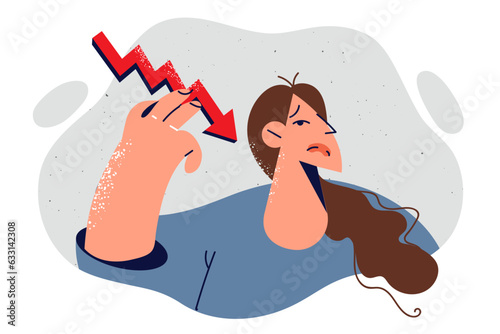 Business woman with down arrow symbolizing recession caused by increased inflation and onset crisis