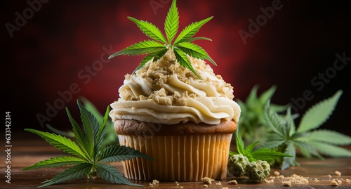 Hemp cake with icing.
Sweet cannabis muffin cake. Serving dessert in a cafe
marijuana leaves for decoration. Canna cake with hemp oil. Drug food. Legalization of light drugs.