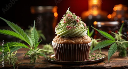 Hemp cake with icing.
Sweet cannabis muffin cake. Serving dessert in a cafe
marijuana leaves for decoration. Canna cake with hemp oil. Drug food. Legalization of light drugs.