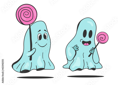 ?ute groovy ghost is holding candy. Cartoon character style for Halloween