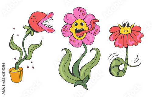 Set of groovy monster flowers and plants with teeth and face. Halloween retro bright flower predatory in cartoon style.