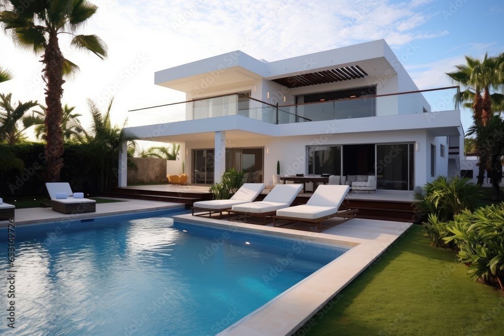Fototapeta premium A luxurious villa located in the residential area of Los Monasterios. The house is beautifully designed with upscale amenities. The property is enclosed by a fence, indicating it is situated in a