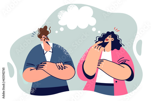 Dialogue of man and woman standing near speech bubble and discussing latest news or work projects