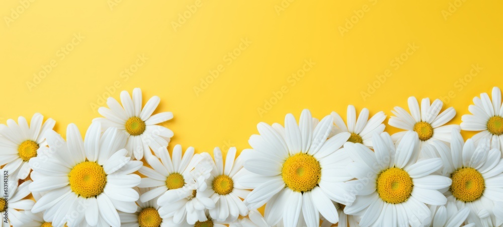 Chamomile flowers on yellow background. Copyspace. Horizontal banner poster texture. Ai generated Chamomile flowers on yellow background. Copyspace. Horizontal banner poster texture. Ai generated