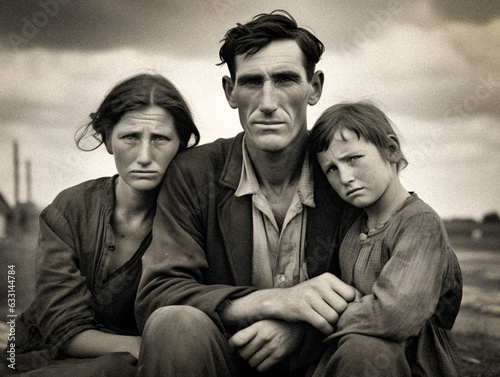 Black and white photo capturing the struggles of a poor family during the Great Depression - generative ai