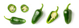 set / collection of green hot spicy jalapenos or chili peppers, whole, half and slices / sliced isolated over transparency, top and side view, organic green food design elements, PNG