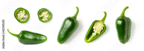 set / collection of green hot spicy jalapenos or chili peppers, whole, half and slices / sliced isolated over transparency, top and side view, organic green food design elements, PNG photo