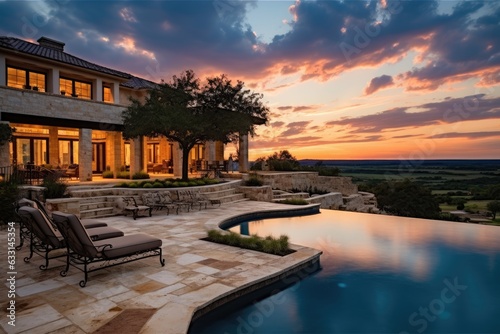 A grand and opulent luxurious mansion stands proudly on an expansive estate in the picturesque Texas hill country. The landscape is adorned with rolling hills and abundant greenery, encapsulating the