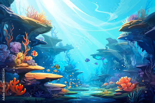 2D abstract underwater coral reef background environment for adventure or battle mobile game. Tropical coral reef cartoon style in game art background environment.