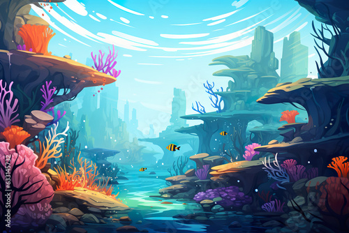 Fototapeta Naklejka Na Ścianę i Meble -  2D abstract underwater coral reef background environment for adventure or battle mobile game. Tropical coral reef cartoon style in game art background environment.