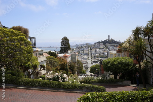 San Francisco skyline from a winding street made of red bricks