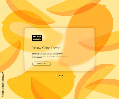 Yellow Color Theme. Translucent frosted glass and mango fruits. Vector image in the glassmorphism style.