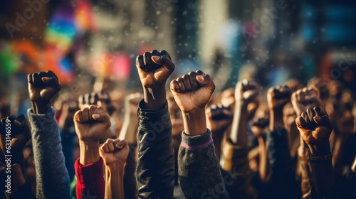 People's Hands Raised with Clenched Fists. Human Rights, Feminism, Equality Concept. Generative ai