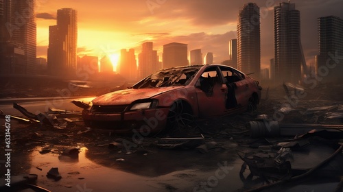 Apocalyptic Sunset Over Destroyed City with Car Wreck. Generative ai photo