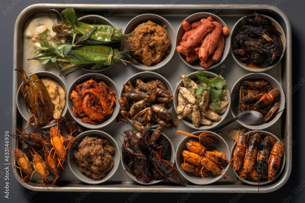 Overhead shot of tray with cooked insects and bugs. Generative AI Overhead shot of tray with cooked insects and bugs. Generative AI
