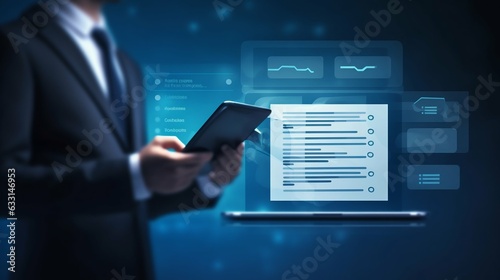 Businessman Monitoring Performance via Online Survey and Digital Checklist. Generative ai