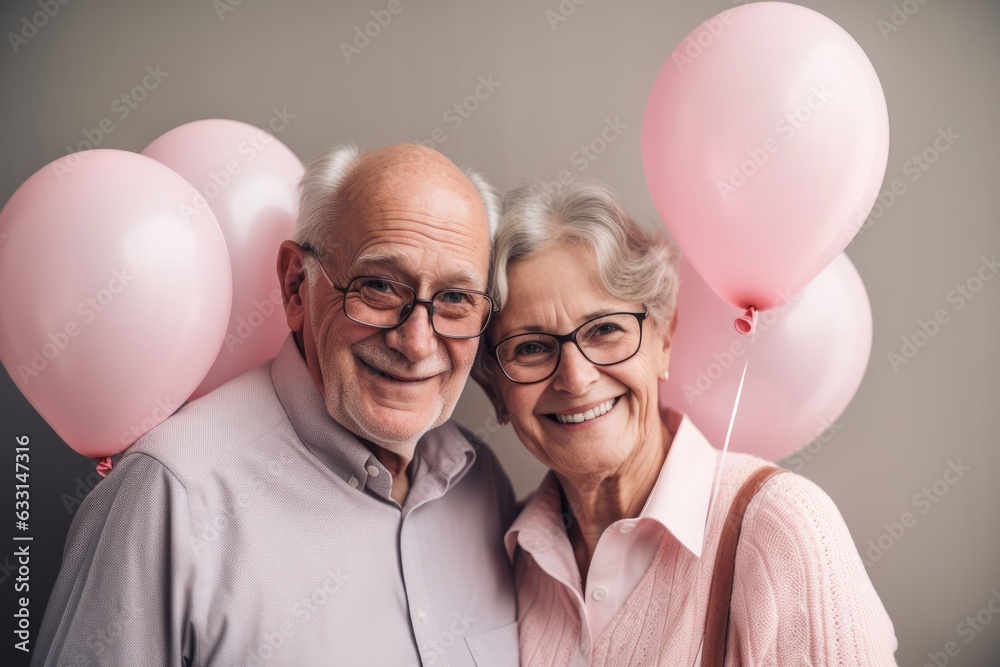 Senior couple holding up heart shaped balloons Senior couple holding up heart shaped balloons