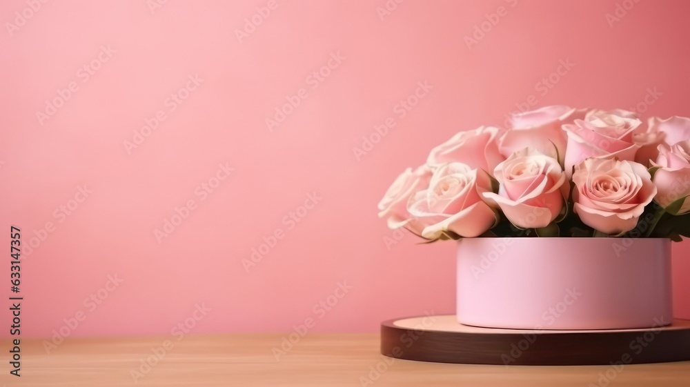 Pink roses in a pink vase and circle podium side on a pink background with copy space created with Generative AI Pink roses in a pink vase and circle podium side on a pink background with copy space created with Generative AI