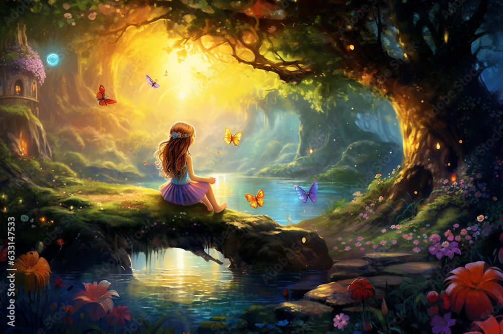 A Young Girl Surrounded by Butterflies Within an Enchanted Forest