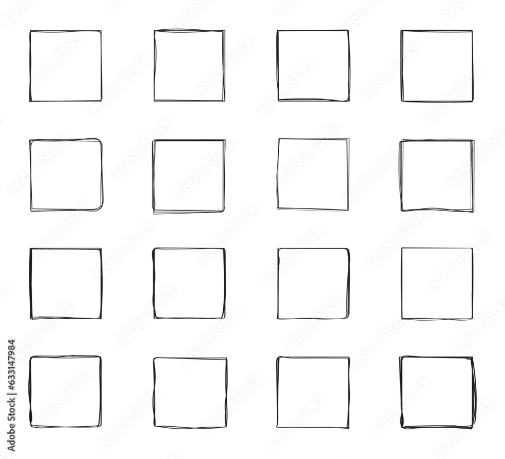 Squares line, grunge vector set in sketch style. Frames outline in hand drawn style. Squares line, grunge vector set in sketch style. Frames outline in hand drawn style.