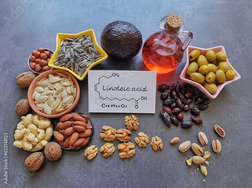Food high in linoleic acid with structural chemical formula of linoleic acid. Natural food sources of omega 6 and omega 3 essential fatty acids. Good fats - nuts, seeds, oils; concept of healthy diet. photo