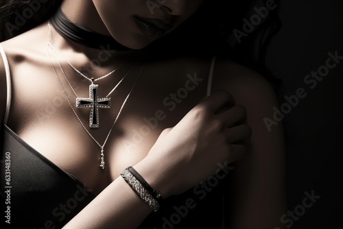 Sexy woman, Christian cross on a chain on the body, pray, black style