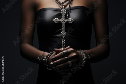 Sexy woman, Christian cross on a chain on the body, pray, black style